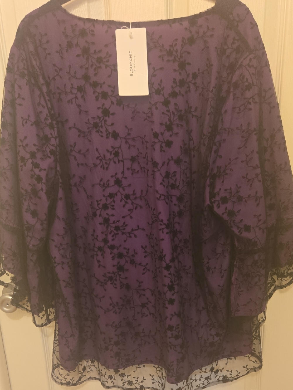 BloomChic Purple and Black Lace Overlay Women's Top, Plus Size, Sheer w/lining. - Picture 3 of 9